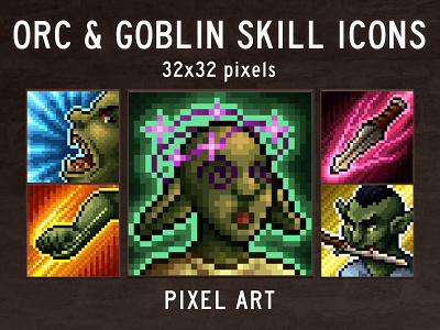 Goblin and Orc Skills 32×32 Pixel Art Icon Pack 2d 32x32 asset assets fantasy game game assets gamedev goblin icon icons illustration indie indie game pixel pixelart pixelated rpg skill skills
