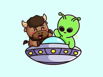 Alien & Buffalo adorable alien animal buffalo character creepy cute galaxy green icon illustration mascot monster moon outline planet rocket ufo