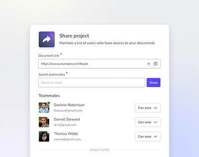Share project design by DS | UX/UI clean controls design details forms interface manage minimal modal overlay permissions popup settings share slide ui ui design ux ux design web