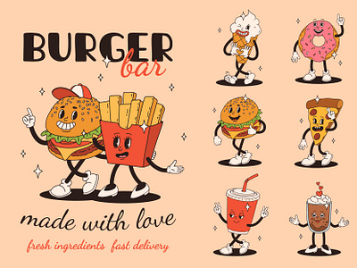 Burger Bar groovy characters 50s 60s animation branding burger cartoon character concept design fastfood food groovy illustration mascot pizza retro stickers vector vintage