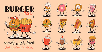 Burger Bar groovy characters 50s 60s animation branding burger cartoon character concept design fastfood food groovy illustration mascot pizza retro stickers vector vintage