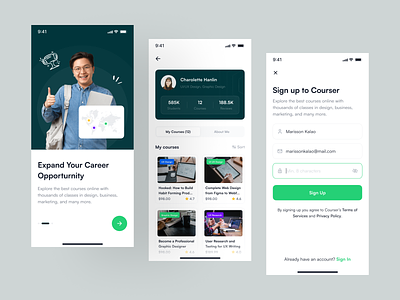 Courser - Online Learning App UI Kit button cards clicked state design home screen mobile mobile app mobile design onboarding online learning pixlayer remote remote working sign up swipe ui ui design ui kit ui8 ux
