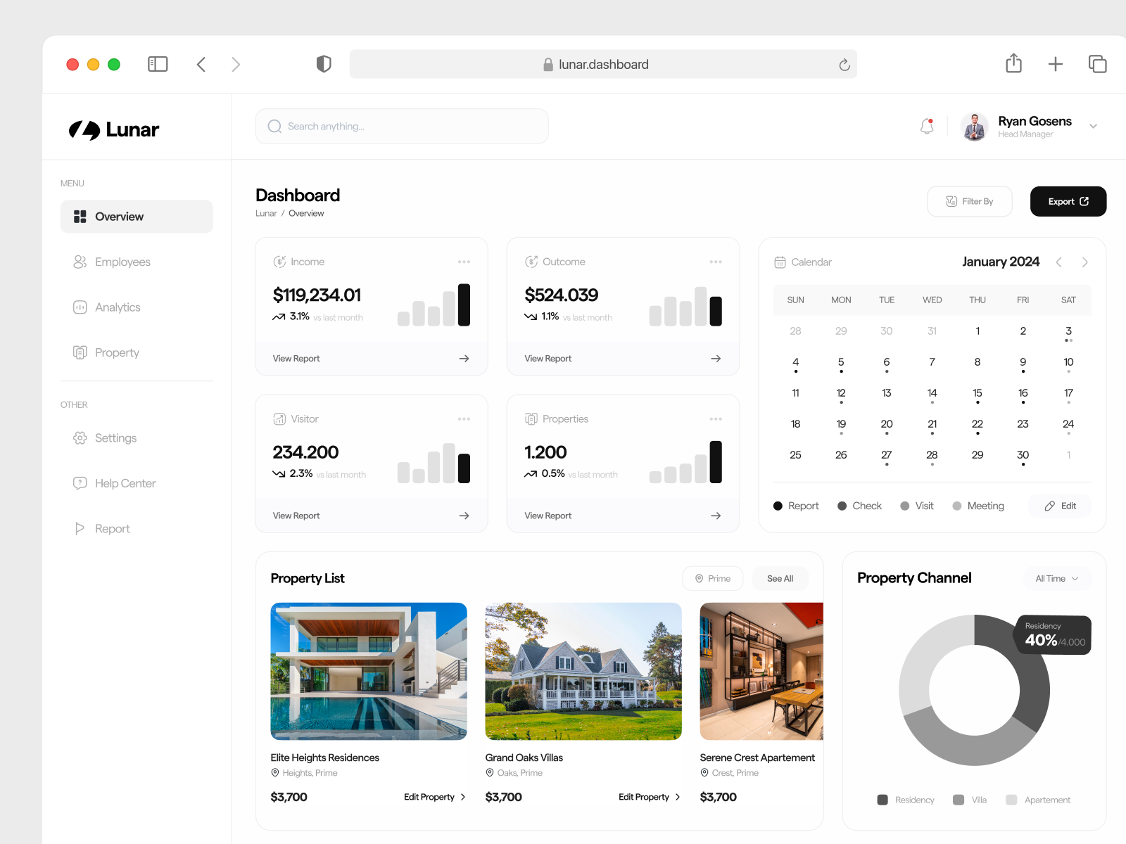 Lunar - Dashboard Management Sales Property bento calender card chart clean dashboard dashboard property dashboard sales design financial minimalist property real estate rental resident saas sales ui uiux ux
