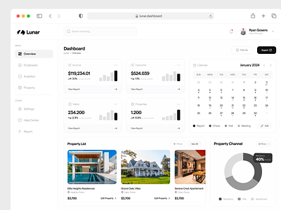 Lunar - Dashboard Management Sales Property bento calender card chart clean dashboard dashboard property dashboard sales design financial minimalist property real estate rental resident saas sales ui uiux ux