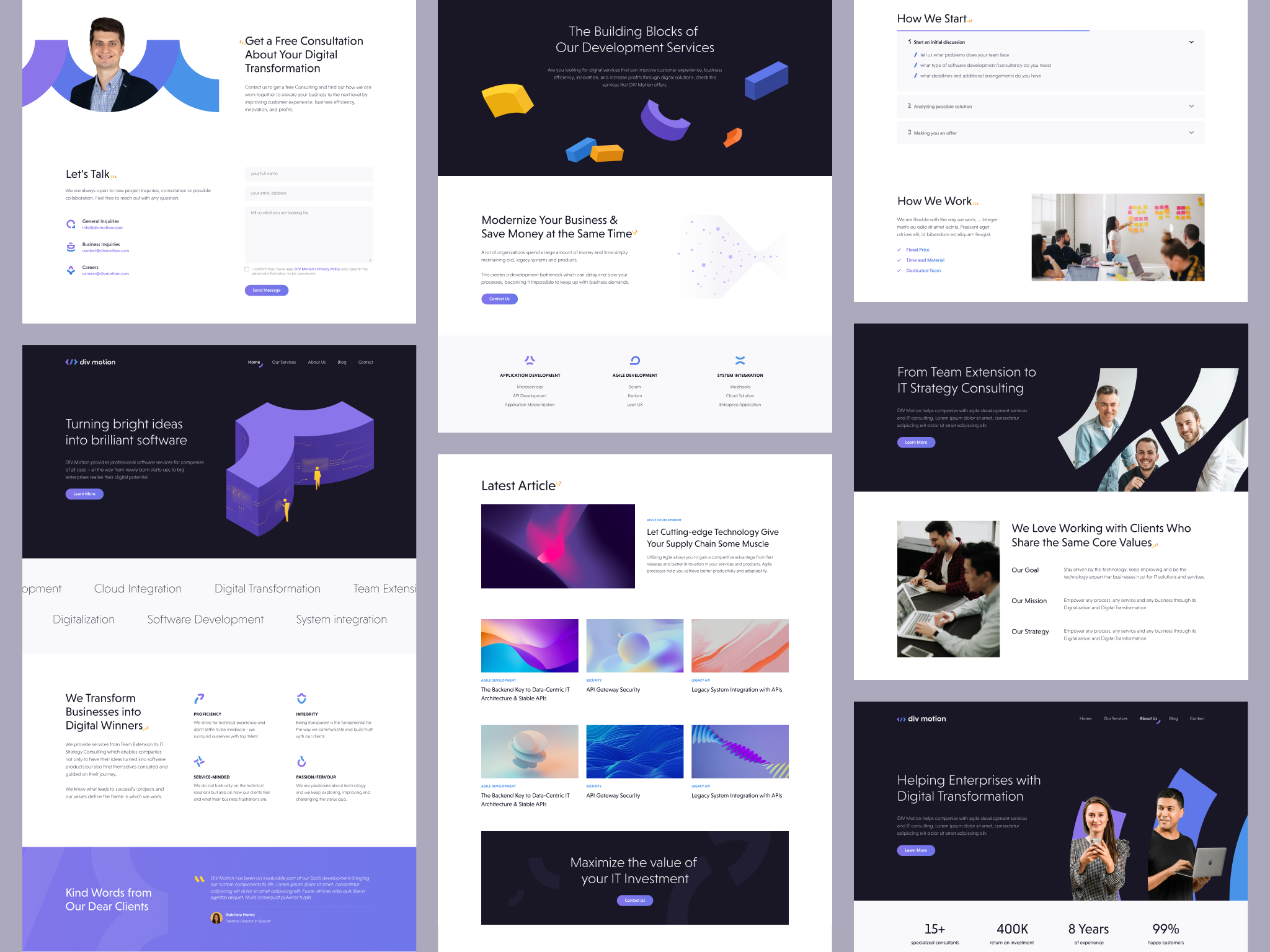 div motion - website about us blog contact digital transformation faq gradient homepage illustration isometric kpi light dark layout minimal purple services steps ui user interface values web design website