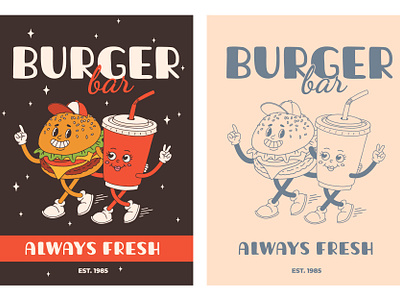 Burger bar retro poster 50s 60s branding burger burgerbar cartoon character concept design food groovy illustration logo mascot poster retro soda vector vintage