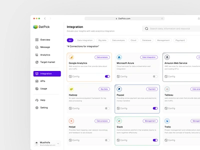 DatPick - Integration Dashboard dashboard database design integration ui ui design ux web analytics web design