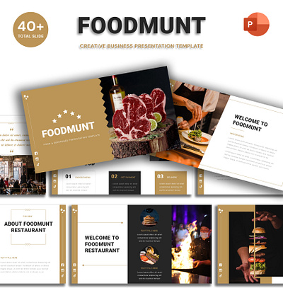 Foodmunt - Food & Beverages Presentation Templat agency business chef creativ dish eat food graphic design powerpoint presentation restaurant ui uiux ux wooden yellow