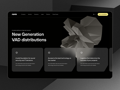 Homepage of the website for the high tech distributor 3d animation background cards dark design design concept home main screen motion nimax shape ui web webdesign