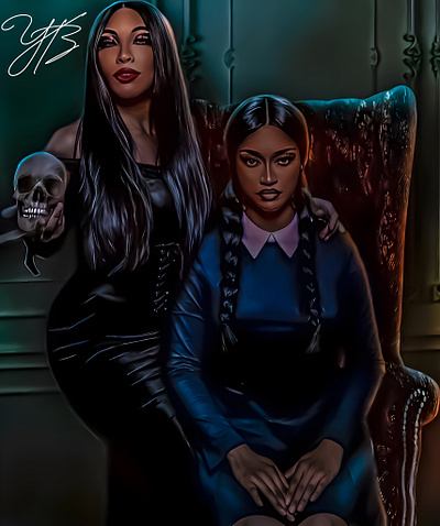 Morticia & Wednesday Adams painting