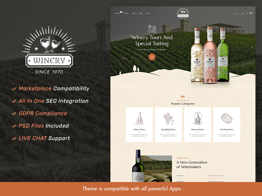 Winery – Modern Vineyard And Drinks – eCommerce Responsive Theme branding design ecommerce illustration opencart prestashop responsive restaurant shopify template templatetrip theme winery wineyard woocommerce wordpress