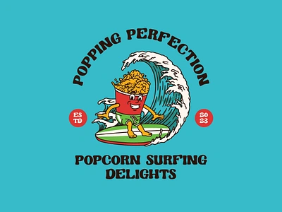 Popcorn Surfing brand brand identity branding cartoon character classic cute design dessert graphic design illustration logo mascot old style pop corn retro sea snack vector vintage