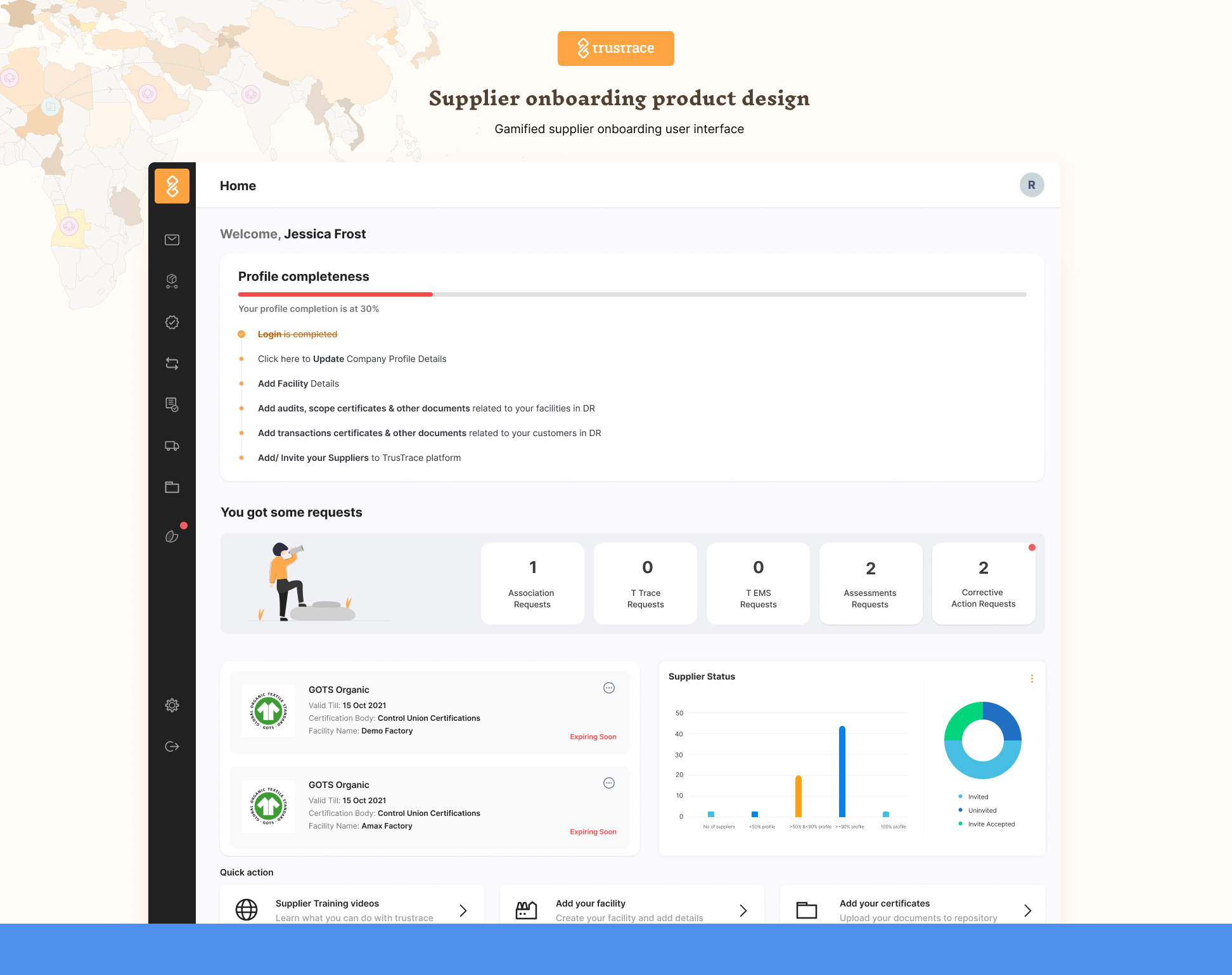 Supplier Data Collection Platform UI Design gamified ui design supplier dashboard ui trustrace trustrace ui design
