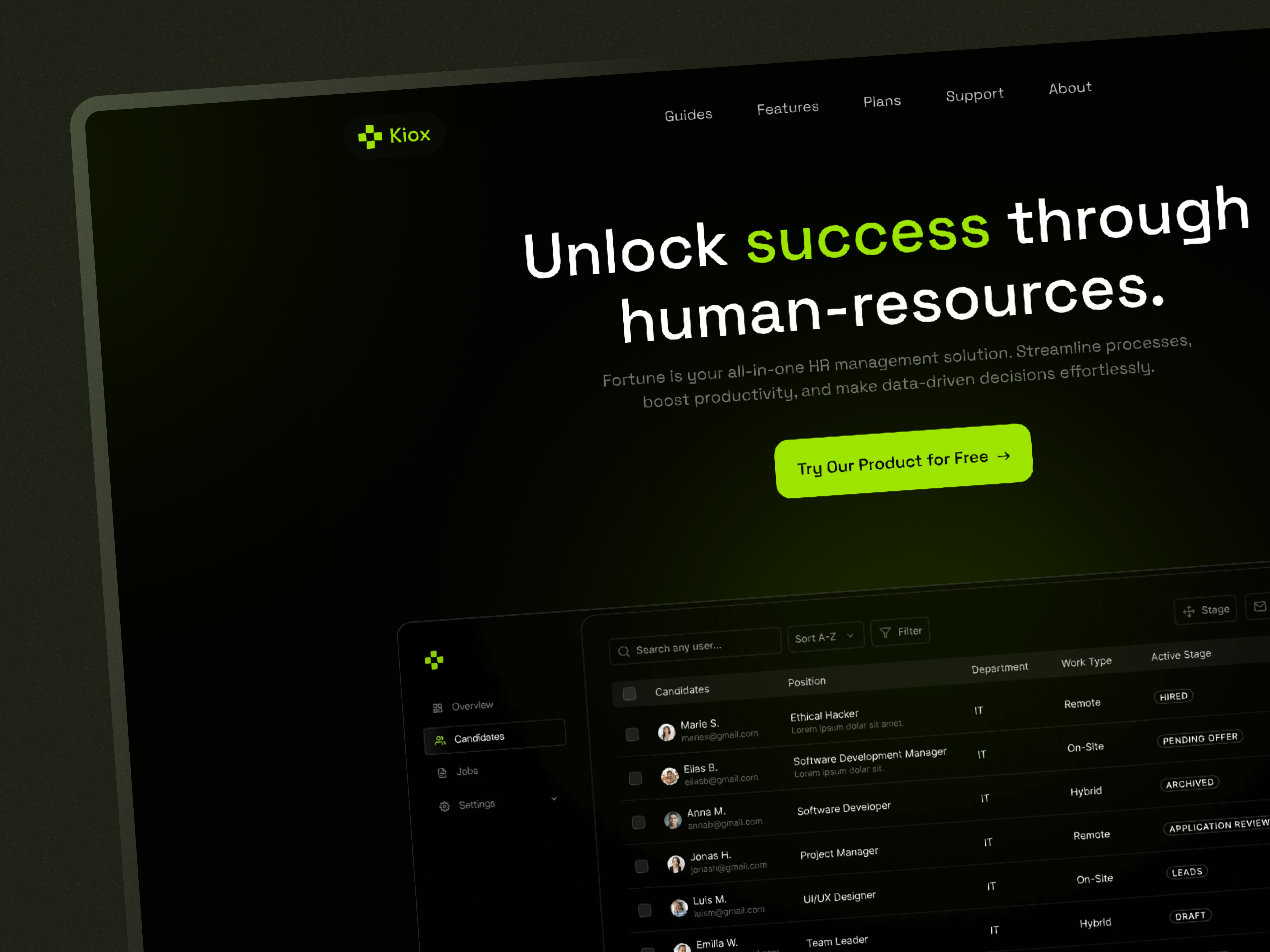 Kiox - web concept animation dark dark mode data figma hr interaction landing portal uiux web web uiux