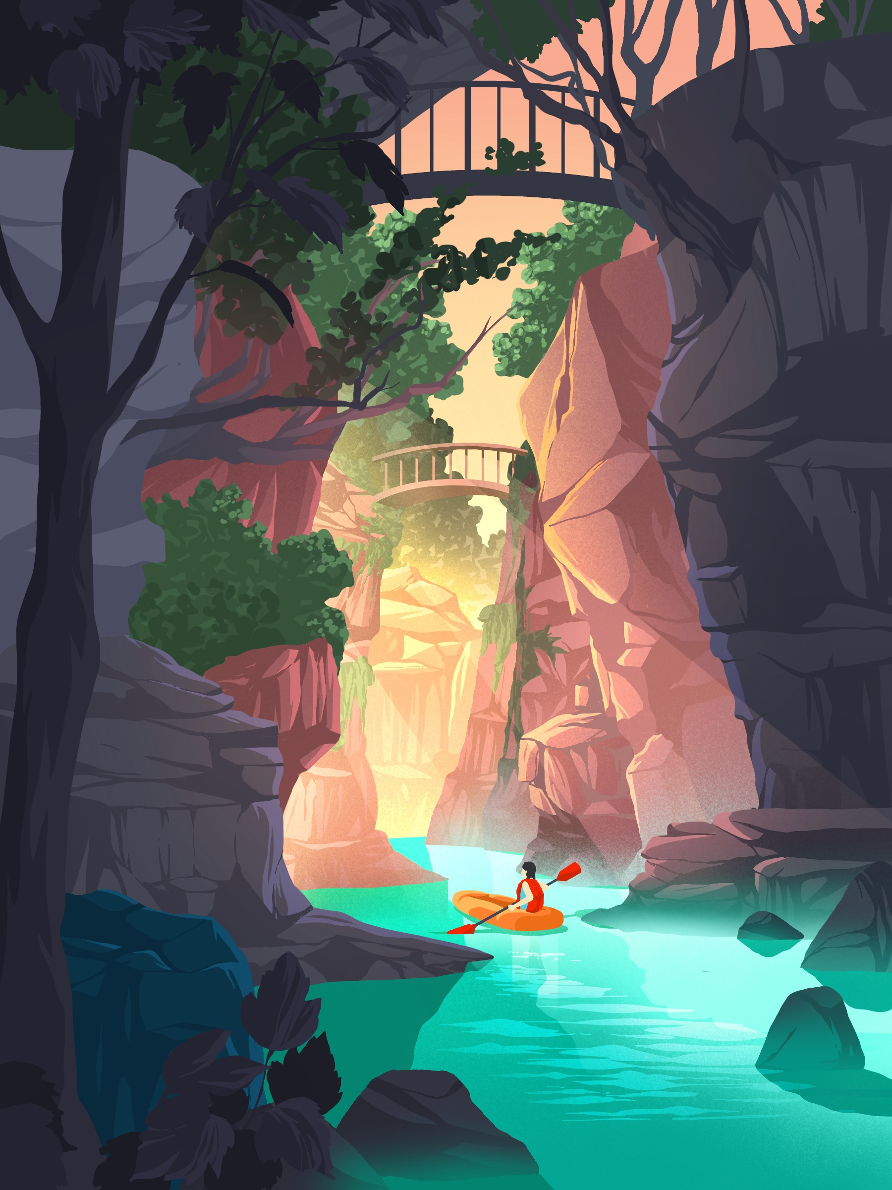 Canyon artwork boat canyon forest illustration illustration art kayaking landscape posters river travel