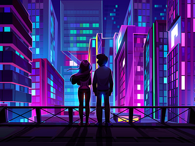 Young Couple Enjoying the Night City Lights from a Rooftop couple illustration night city vector