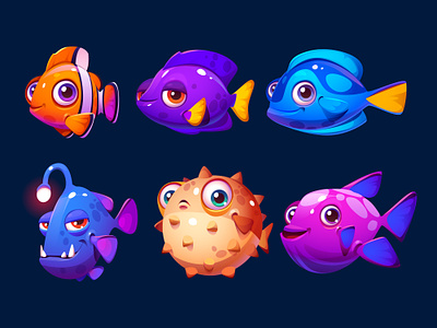 Collection of Charming Vector Cartoon Fish for an Aquarium Game aquarium design fish game design illustration vector