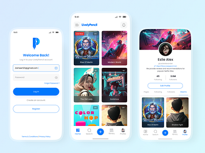 Lively Pencil Mobile App app ui home page ui log in page ui modern app ui social media app ui app uiux design user profile page ui