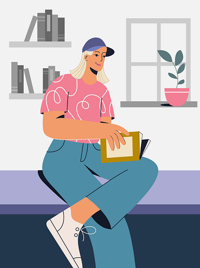 Girl with a book 2d book branding character design flat girl illustration library room vector woman