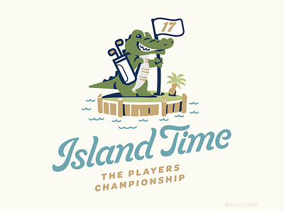 Players Championshp - Island Time alligator branding cartoon flag gator golf golf course golfer golfing graphic design graphics identity illustration kids lettering logo mascot merch retro vintage