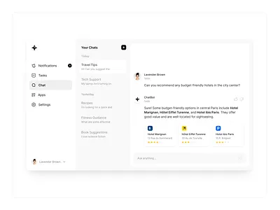 SuperFine → [Chatbot] [WIP] ai black bot chat chatbot design hotels minimal question saas screen ui ux