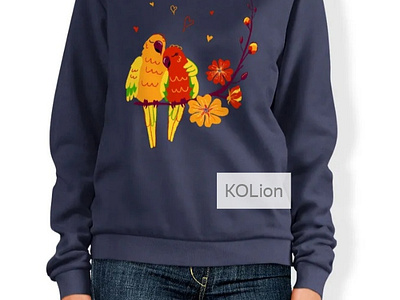 Sweatshirt with a cute print is pair of parrots with flowers bird cute print design flower fun illustration love pair of parrots parrot parrots picture print printshop spring print sweatshirt valentines day vector