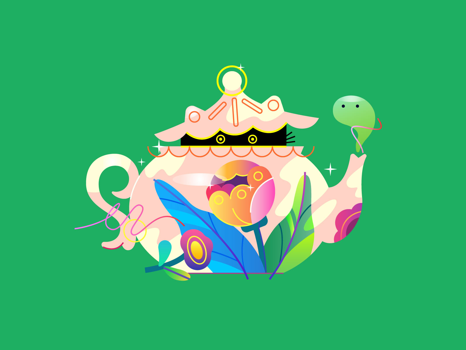 Magic Tea 2d adobe illustraror branding cat cute design flat flowers geometry gradient green icon illustration simple tea teapot ui vector