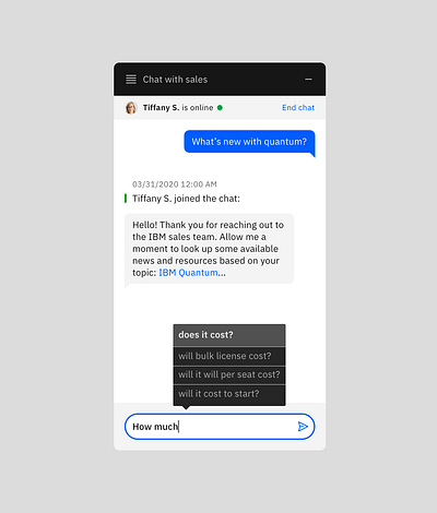 IBM — AI / Chat Module: "Suggestive Type-ahead" ai design chat cognitive design communication communication design ibm interaction design international business machines product product design sales sales chat ui ui design user experience design user interface design ux ux designer visual design