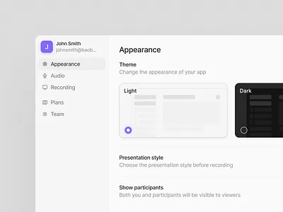 Settings appearance design app design app settings appearance branding clean dark design grey light light mode minimal minimalist purple saas saas design settings settings design ui ux white