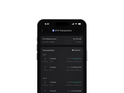 Transfer history app bank bitcoin blockchain clean crypto dark fintech interface iphone minimalist mobile mode modern money payment product theme ui web3