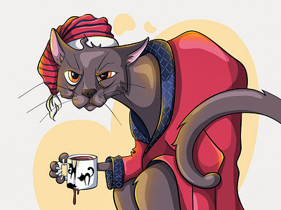 Cat in a robe 2d illustration adobe fresco cat cat eyes cat illustration cat in a robe cat with coffee character character design design early morning fresco graphic design tired cat vector illustration