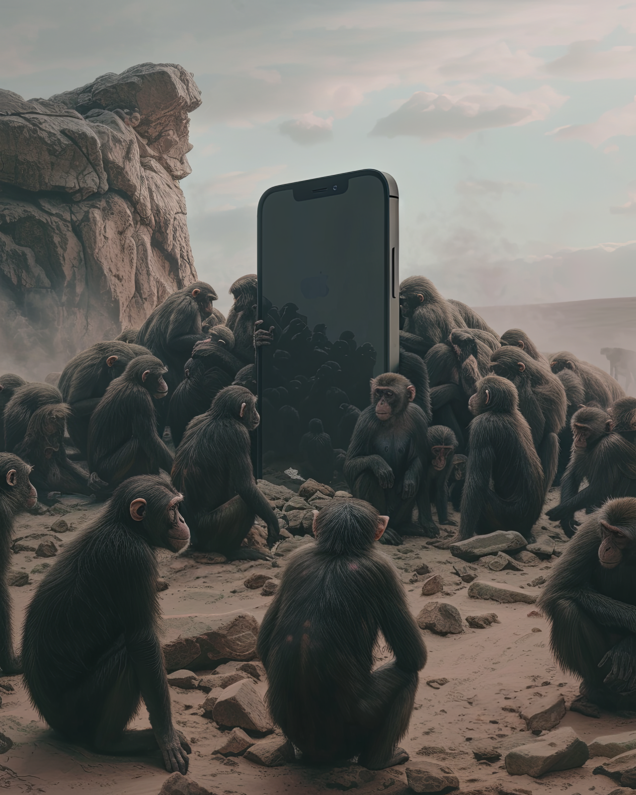 Space Odyssey 2001 2001 ad advertising ai ai art apes apple black branding generative ai iphone kubrick midjourney midjourney art monkey monolith phone science fiction space odyssey stanley kubrick