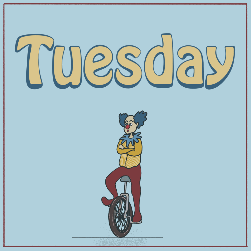 Happy Tuesday 2d animation adobe adobe fresco animated gif animation clown animation illustration motion graphics social media gif