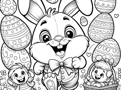 Easter Bunny Rabbit with kids bunny rabbit color eggs coloring coloring book coloring page decor eggs easter easter activities easter coloring easter party easter printable easter rabbit kid coloring page kids kids eggs printable colors rabbit