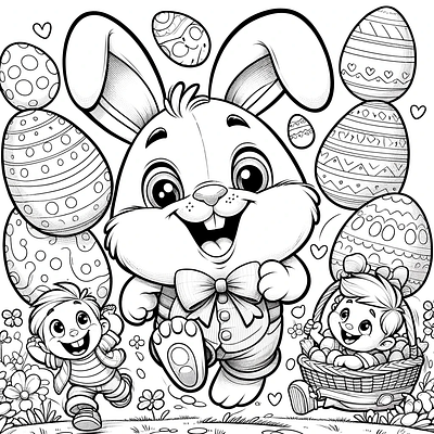 Easter Bunny Rabbit with kids bunny rabbit color eggs coloring coloring book coloring page decor eggs easter easter activities easter coloring easter party easter printable easter rabbit kid coloring page kids kids eggs printable colors rabbit