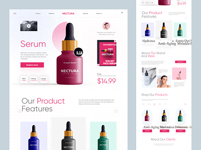 Nectura - Cosmetics Serum Product Website beauty cosmetic cream design homepage illustration interface landing landing page lotion product details product landing product page shopify small store ui web web design website
