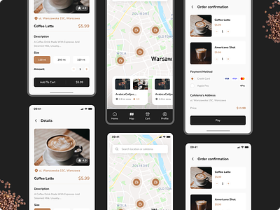 Coffee Drive Thru App brown coffee coffee drive thru food delivery app fun font map mobile app nunito order confirmation payment details ui ux