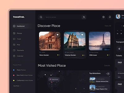 Travel Dashborad✈️ airplane calender cart design dark dashborad hover modern dashboard modern design places reserve search bar side menu ticket travel traveler uiux web applicatin web design web ui world map