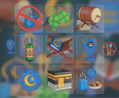 Ramadan 3D Icon Set 3d 3d icons drum eid mubara graphic design icon set iconography icons iftar illustration kaaba kaaba location ketupat lantern quran ramadan ramadan 3d icon ramadan icons ramadhan ui