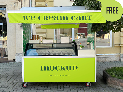 Free Ice Cream Cart Mockup cart catering food free freebie handcart ice cream logo mobile mockup pushcart treat vending vendor