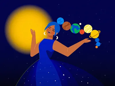 Cosmic Queen cosmic cosmicwoman dtiys earth flat design flat illustration galaxy illustration moon night planets stars sun texture universe vector vectorillustration woman