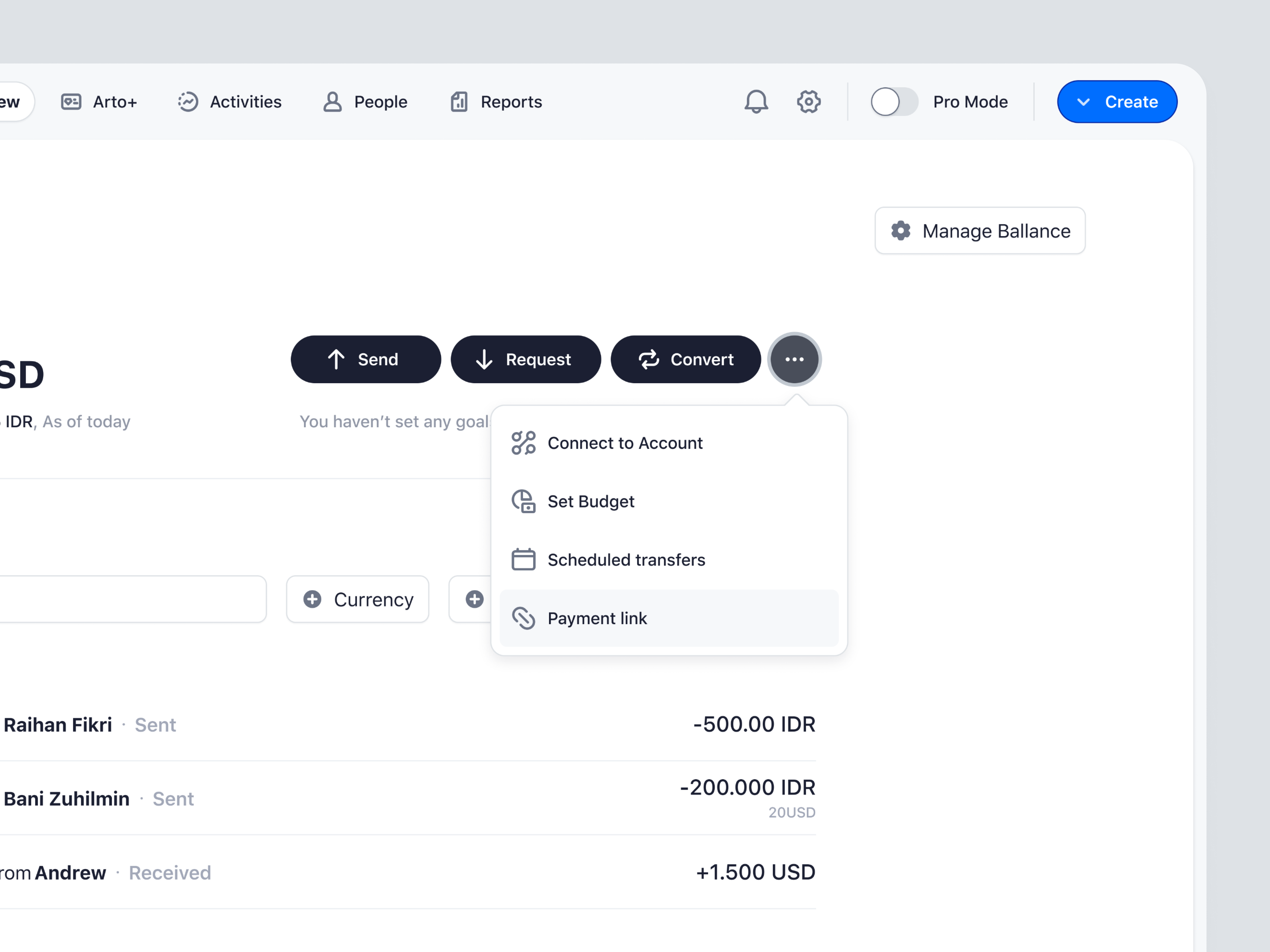 Arto Plus - More Menu in the Balance Details of SaaS Payment balance detail connect to account finance app lite mode management more menu payment link product design saas saas design schedule transfer set budget ui ux web design