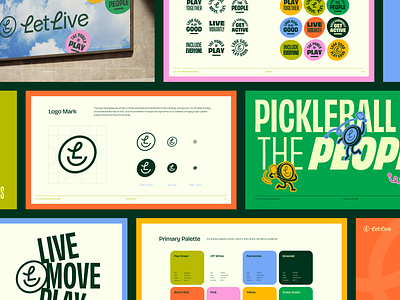 Let Live Brand Identity - Brand Guide badges brand branding design fort worth guide icon illustration illustrator live logo mascot move pickleball play smile smiley style guide type typography