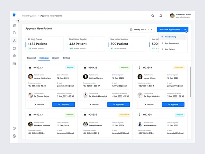 Dental Website Application - Approval Inquiries New Patient appointment approval care clinic dental doctor grid health hospital inquiries patient queue saas schedule software ui view website