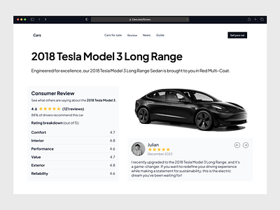 Cars - User Reviews and Ratings Website Page automotive car car rent carmarketplace cars design ecommerce interface light minimal ui rating review tesla ui user rating user review uxdesign vehicle web webdesign