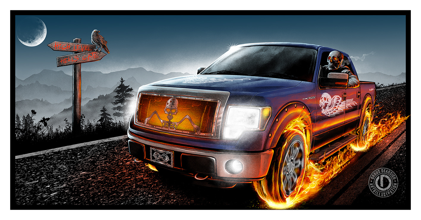 Hell Driver band merch car club death metal deathcore fire skull ford 150 ghost rider goth graphic design heavy metal hell driver metal artwork print artwork skeleton skull driving vechile wall decor zombie