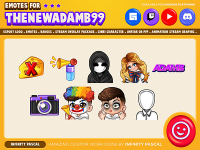 🤡Custom Unique Emotes🧀📷 animation camera clown concept art custom design discord emotes facebook emotes freelancer graphic design illustration items kick loyalty badges open commission original character streamer twitch emotes twitter unique youtube emotes