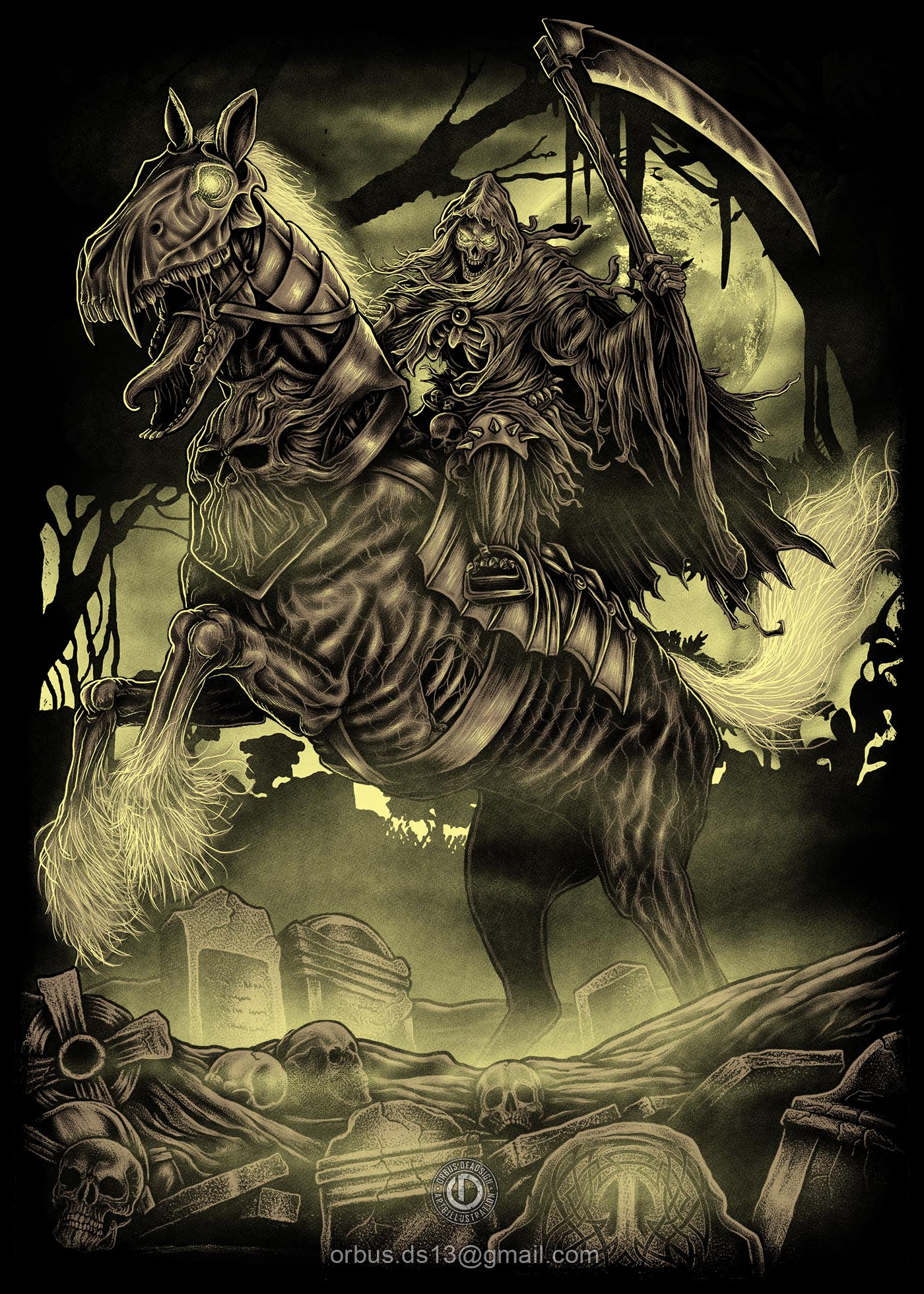 Grim Reaper 4 horseman angle of death apparel design band merch clothing design dark art death death angel death metal deathcore grim reaper heavy metal horse macabre metal fest shinigami skeleton skull t shirt design zombie