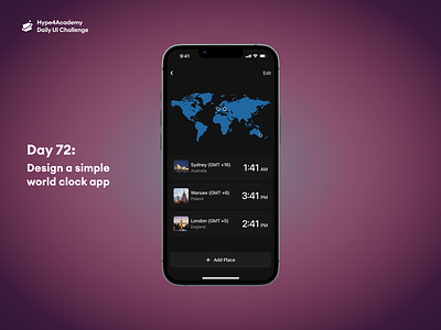 Day 72: Design a simple world clock app daily ui challenge dailyui design hype4academy mobile design mobile ui ui ux world clock world clock app world clock app design world clock screen world clock ui world clock ui design