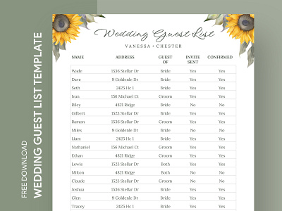 Sunflower Wedding Guest List Free Google Docs Template attendance docs espousal free google docs templates free template free template google docs google google docs google docs guest list template guest guest list guests list marriage nuptials sunflower template wedding wedding guest list wedding list